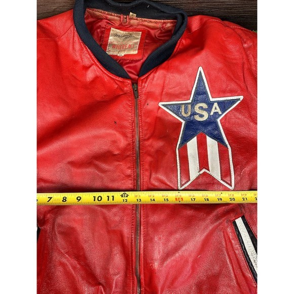 Vintage USA Michael Hoban Mens Patrotic Leather Bomber Jacket WHEREMI 1991 XL - Picture 5 of 7